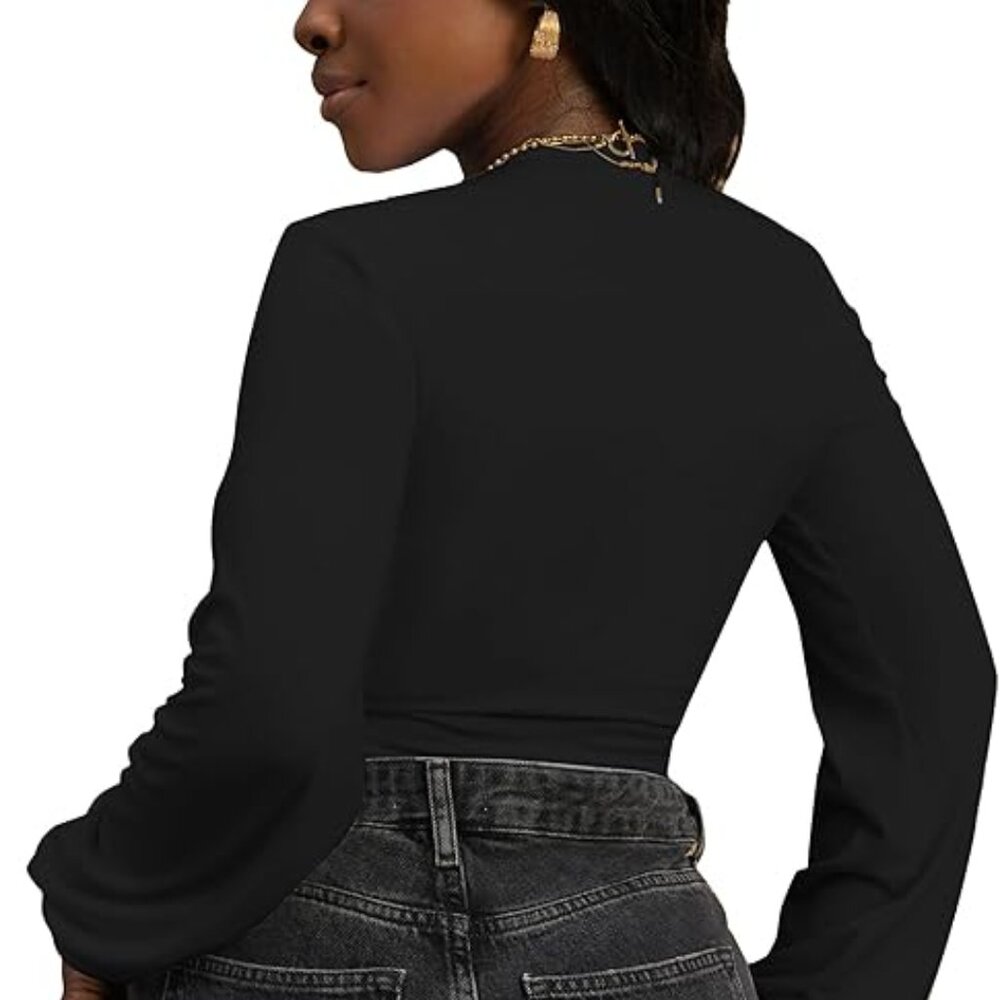 Women Tie Front Tops Sexy Cropped Long Sleeve Deep V Neck Shirt Clubwear - Picture 3 of 4